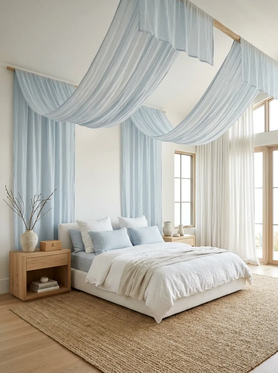 Airy Coastal Bedroom With Pale Blue Ceiling Draping
