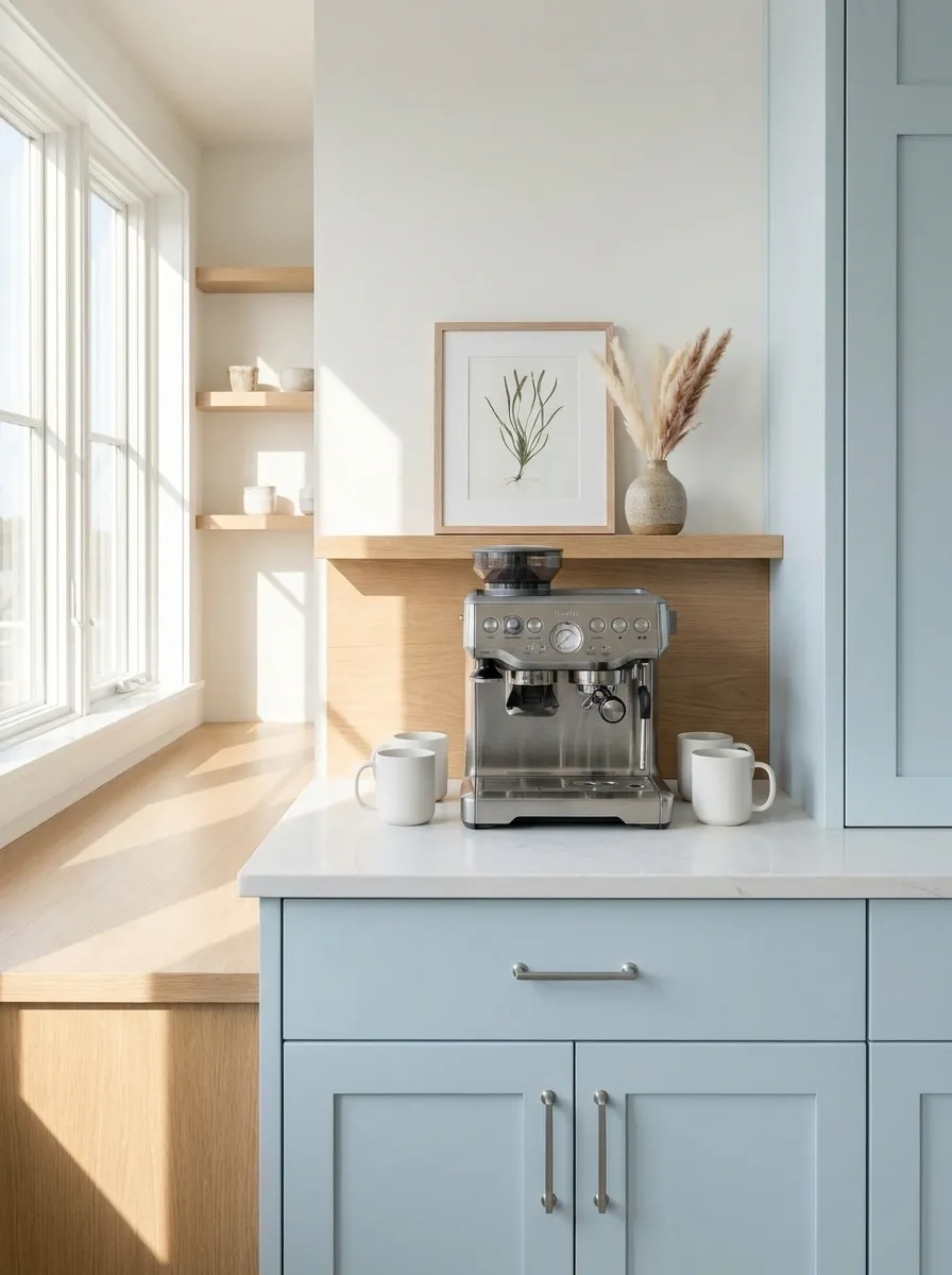 Airy Coastal Coffee Station With Pale Blue Cabinets
