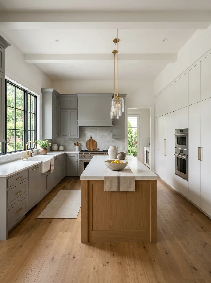 Airy Gray Kitchen With Floor-to-Ceiling White Storage