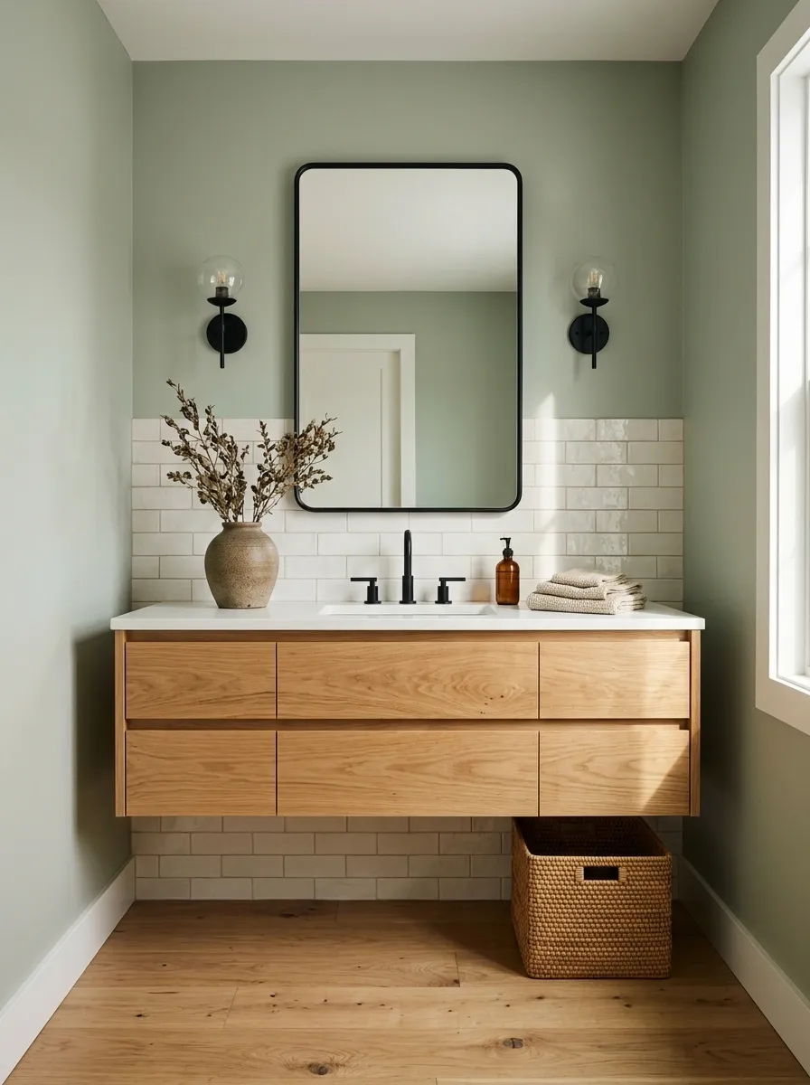 Airy Sage and Black Bathroom With Natural Wood