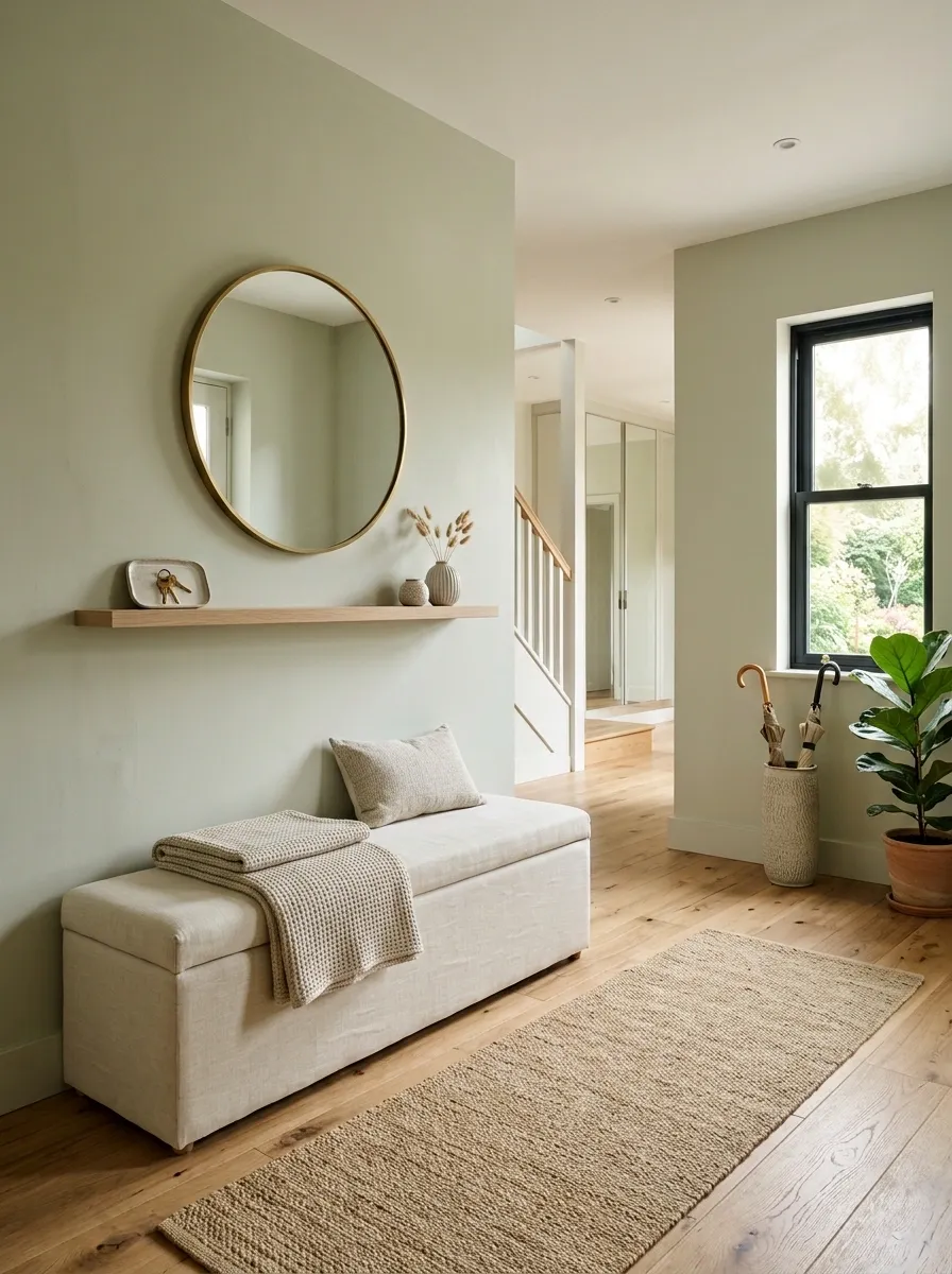 Airy Sage Foyer With White Oak and Linen Bench