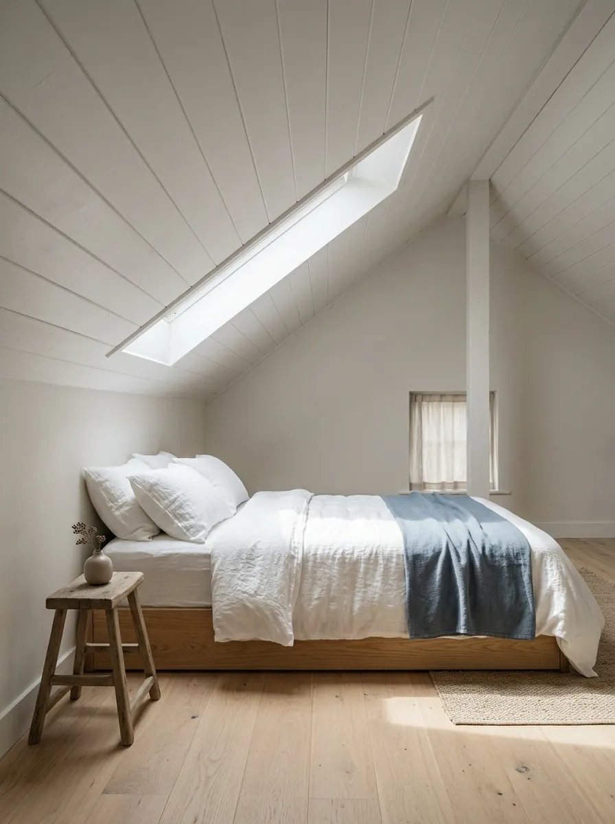 Airy White Bedding in a Sloped-Ceiling Attic Bedroom