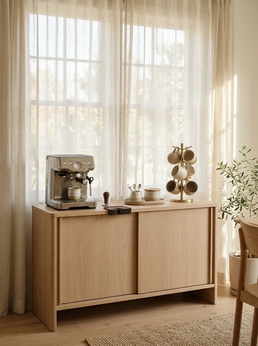 Airy Window-Side Coffee Console With a Freestanding Mug Tree