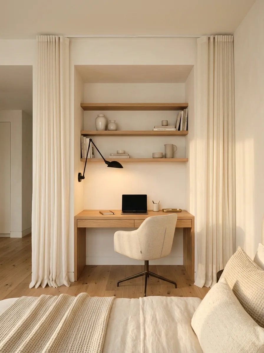 Alcove Workspace With Curtains for Separation