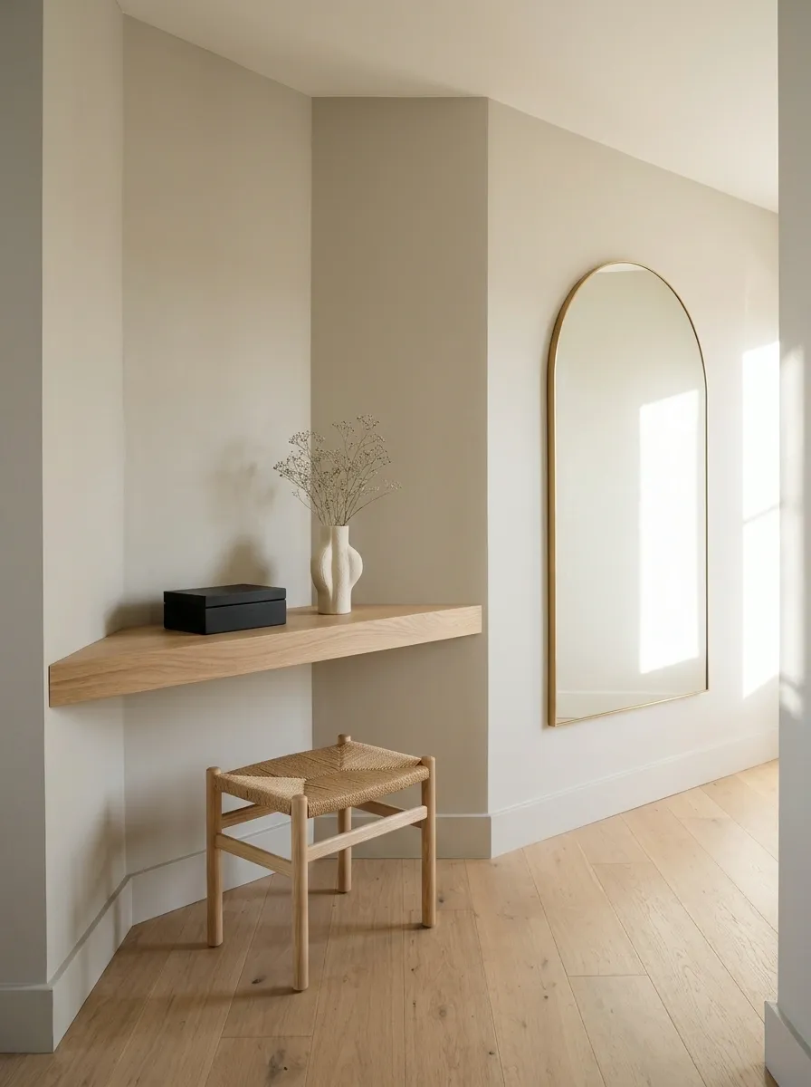 Angular Entry Corner With a Custom Shelf and a Movable Stool