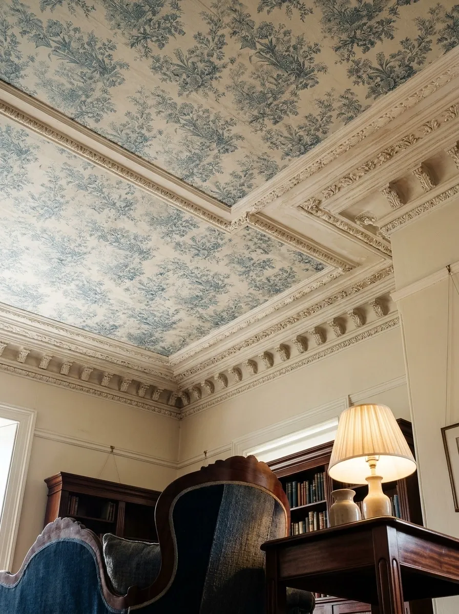 Antique-Inspired Ceiling Print in a Heritage Sitting Room