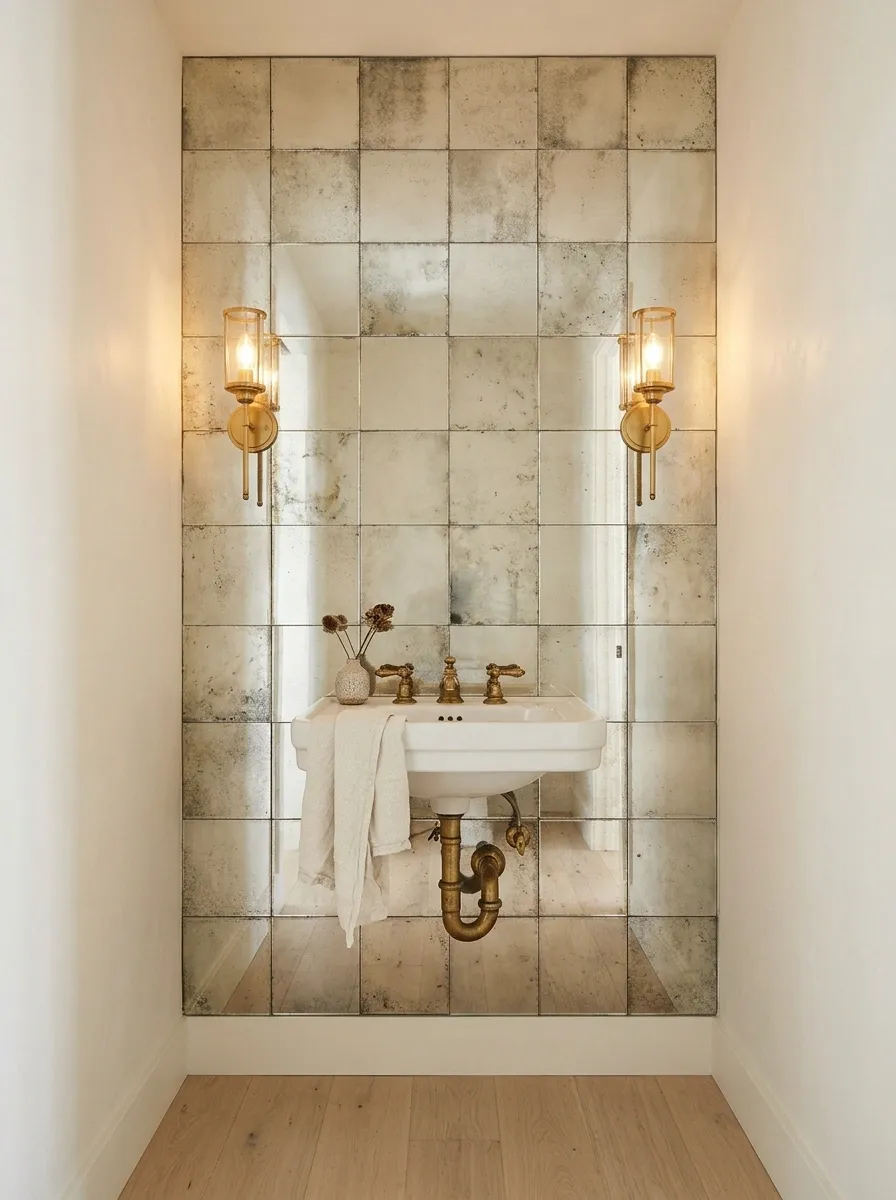 Antique Mirror Tile Behind a Compact Pedestal Basin