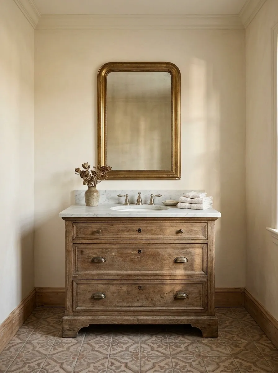 Antique Oak Vanity With Marble and Patterned Floor Tile