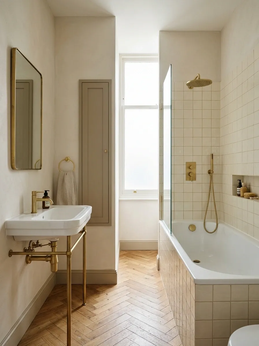 Apartment Bathroom With a Compact Console and a Shower Over the Bath