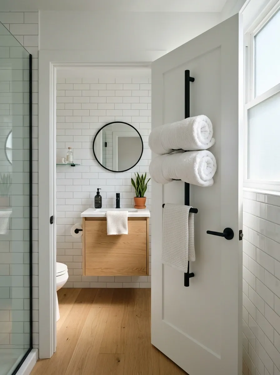 Apartment Bathroom With a Door-Mounted Towel Rack