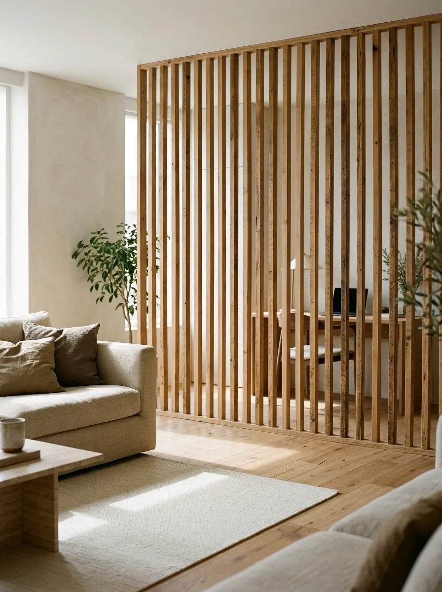 Apartment Living Area With an Open Pallet-Wood Divider