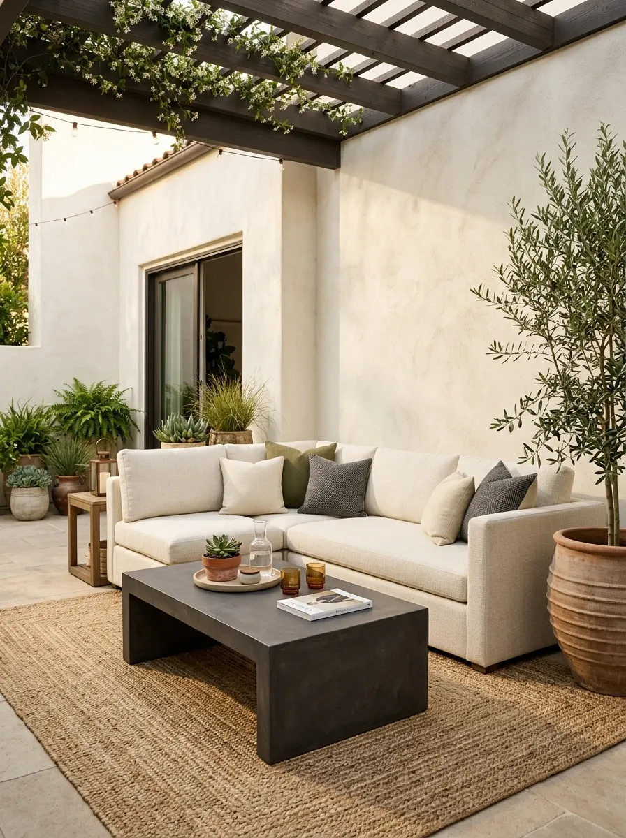 Apartment Patio With a Corner Sectional and Low Gathering Table
