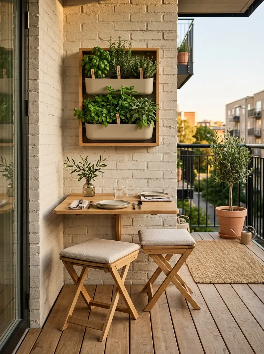 Apartment Patio With a Foldable Dining Nook and Wall-Mounted Herb Garden