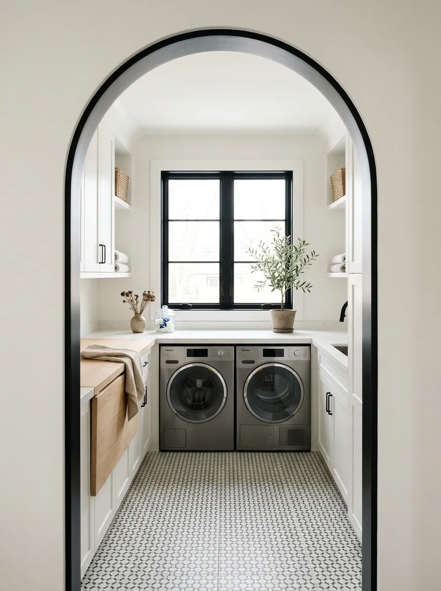 Arched Doorway Laundry Room With Painted Black Trim