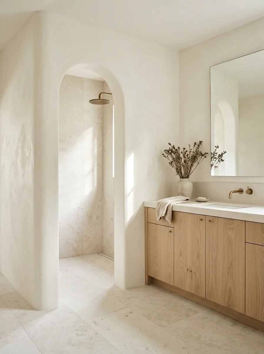 Arched Farmhouse Bathroom With Soft Plaster and Curved Architecture