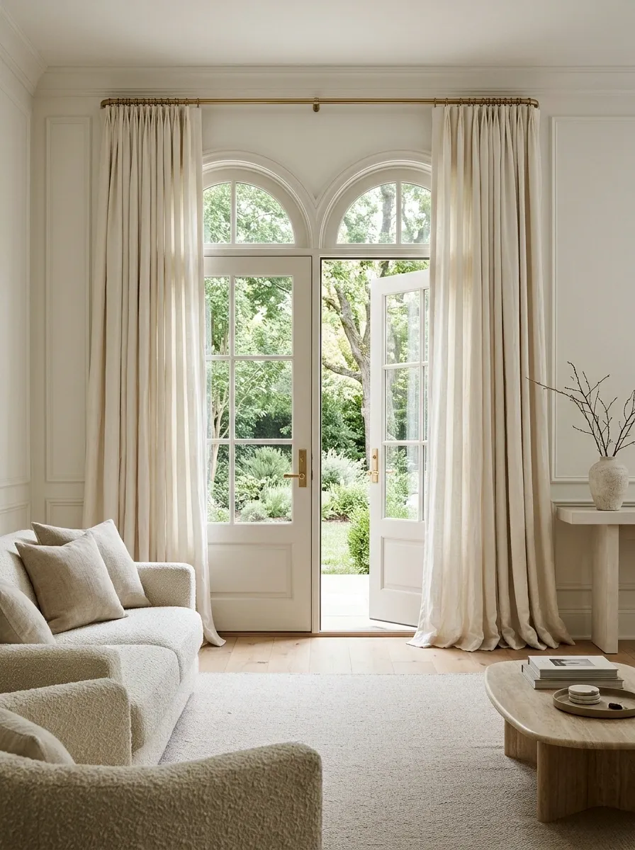 Arched French Doors With Wide-Gathering Curtains