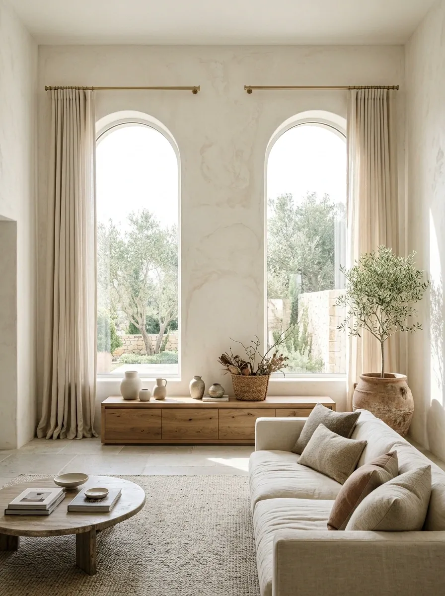 Arched Mediterranean Windows Framed by Soft Linen Drapes