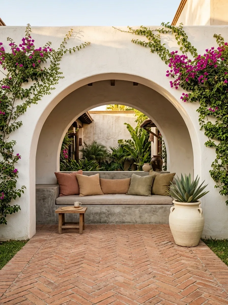 Arched Mexican Garden Nook With Built-In Seating
