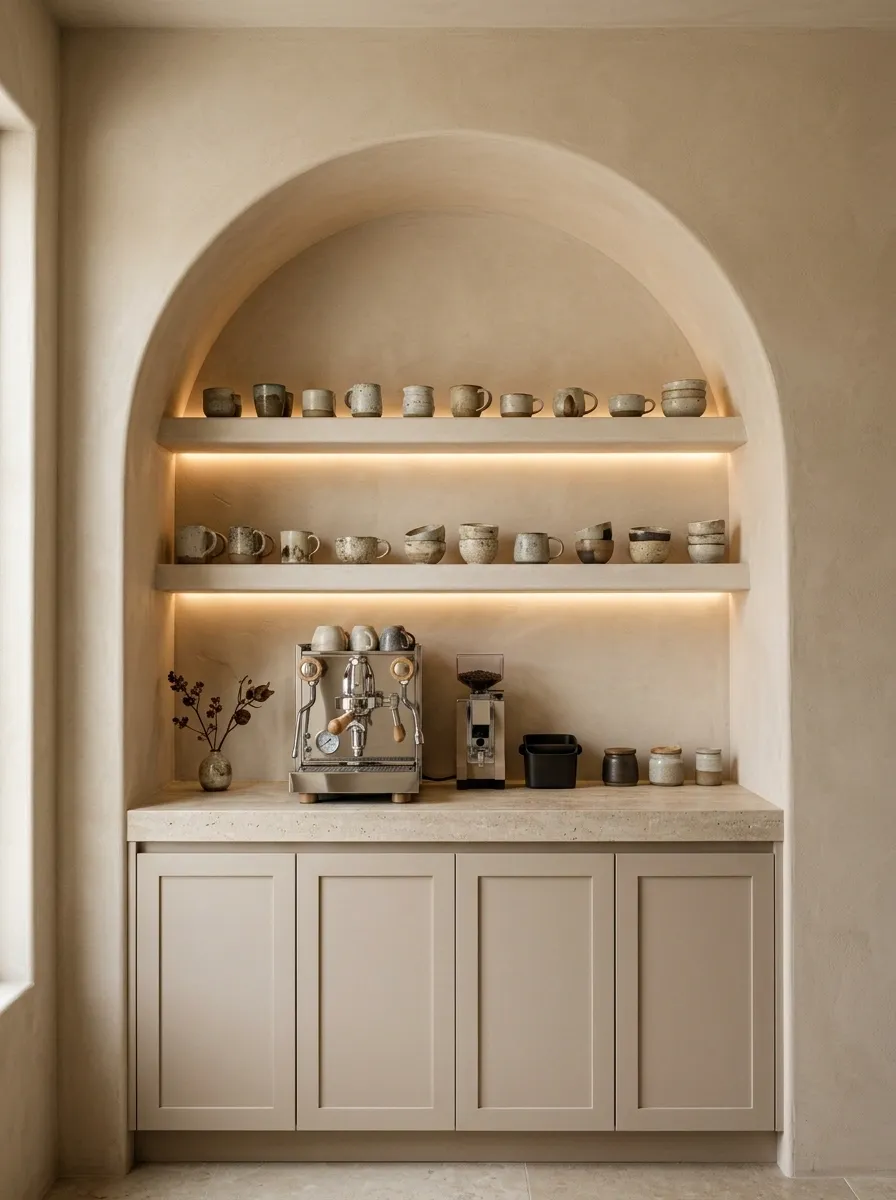 Arched Plaster Coffee Alcove With Recessed Mug Shelves