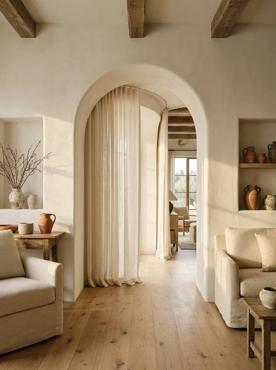 Arched Plaster Opening With a Soft Interior Curtain