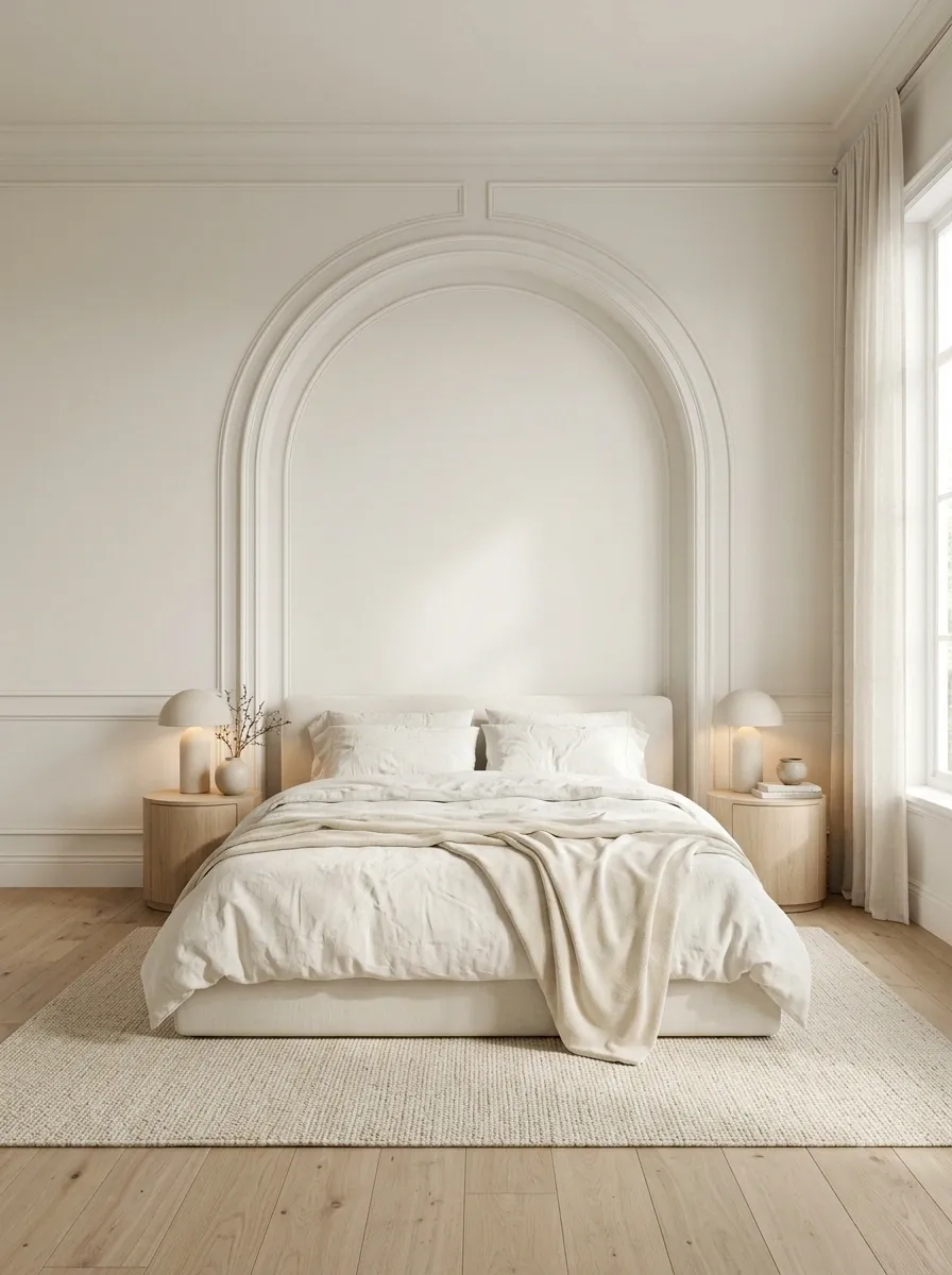 Arched Wainscoting Around a Modern Bed