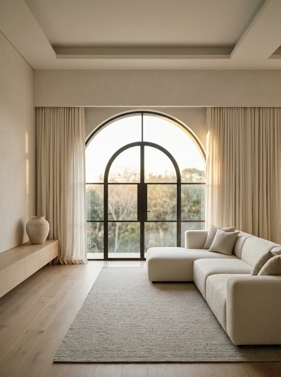 Arched Window With Interior Drapes Behind a Pelmet Wall