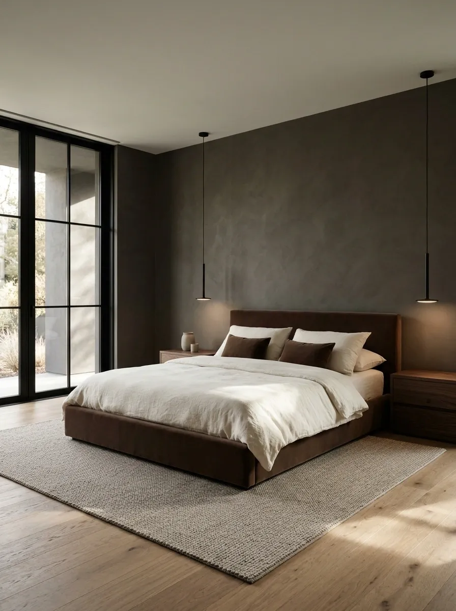 Architectural Minimalist Bedroom With Chocolate Brown and Matte Black
