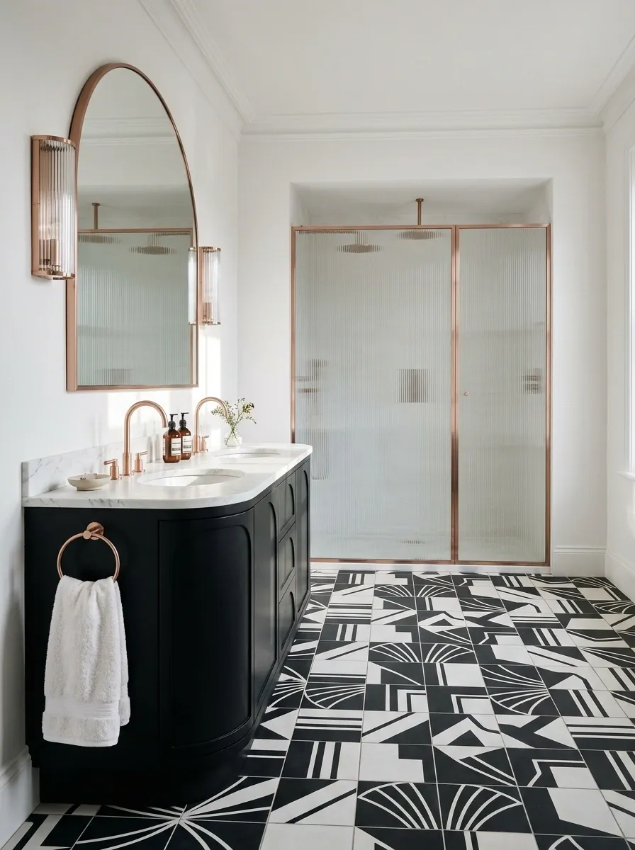 Art Deco Bathroom With Geometric Flooring and Curved Forms