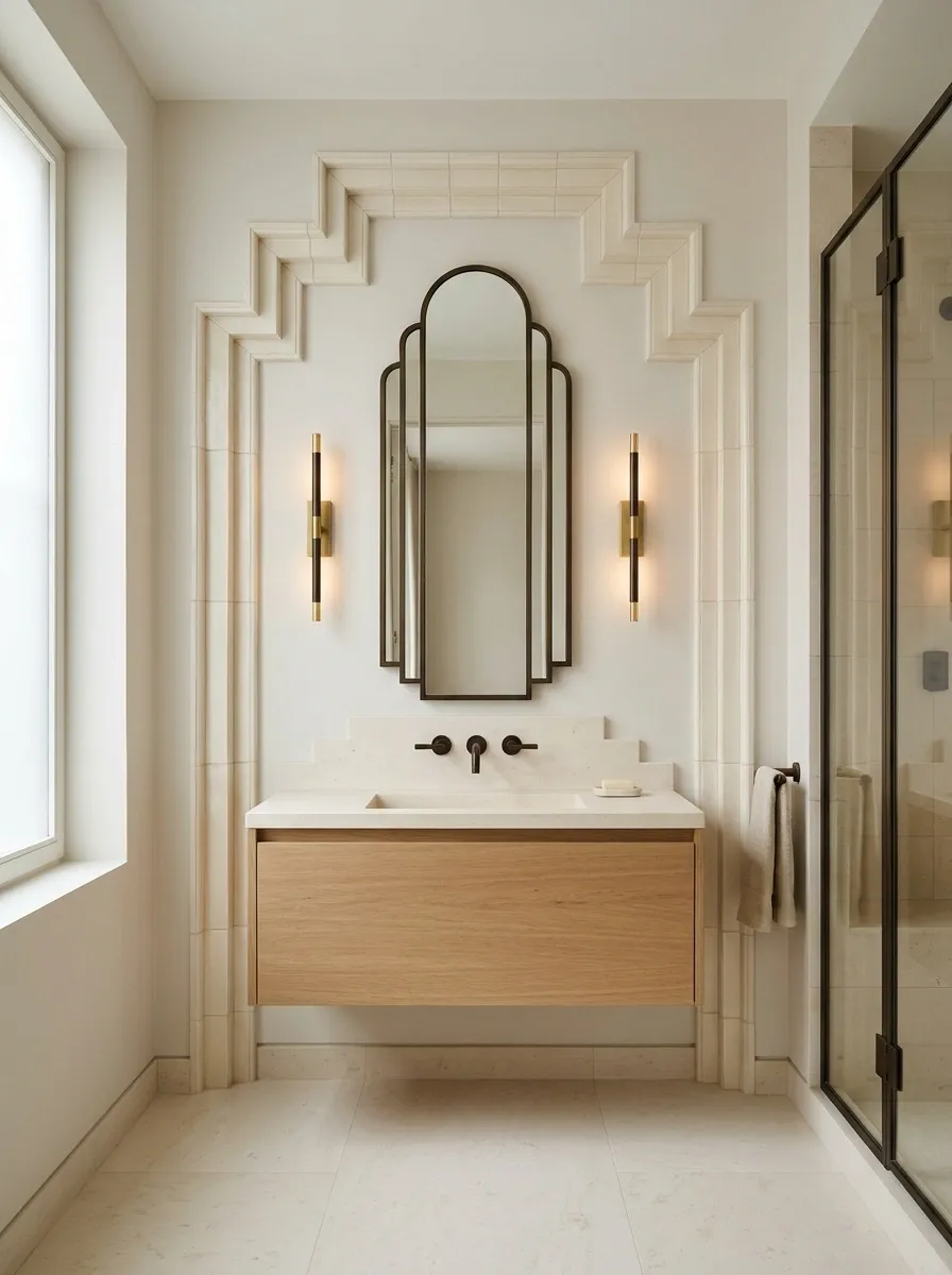 Art Deco Bathroom With Stepped Tile and a Plain Floating Vanity