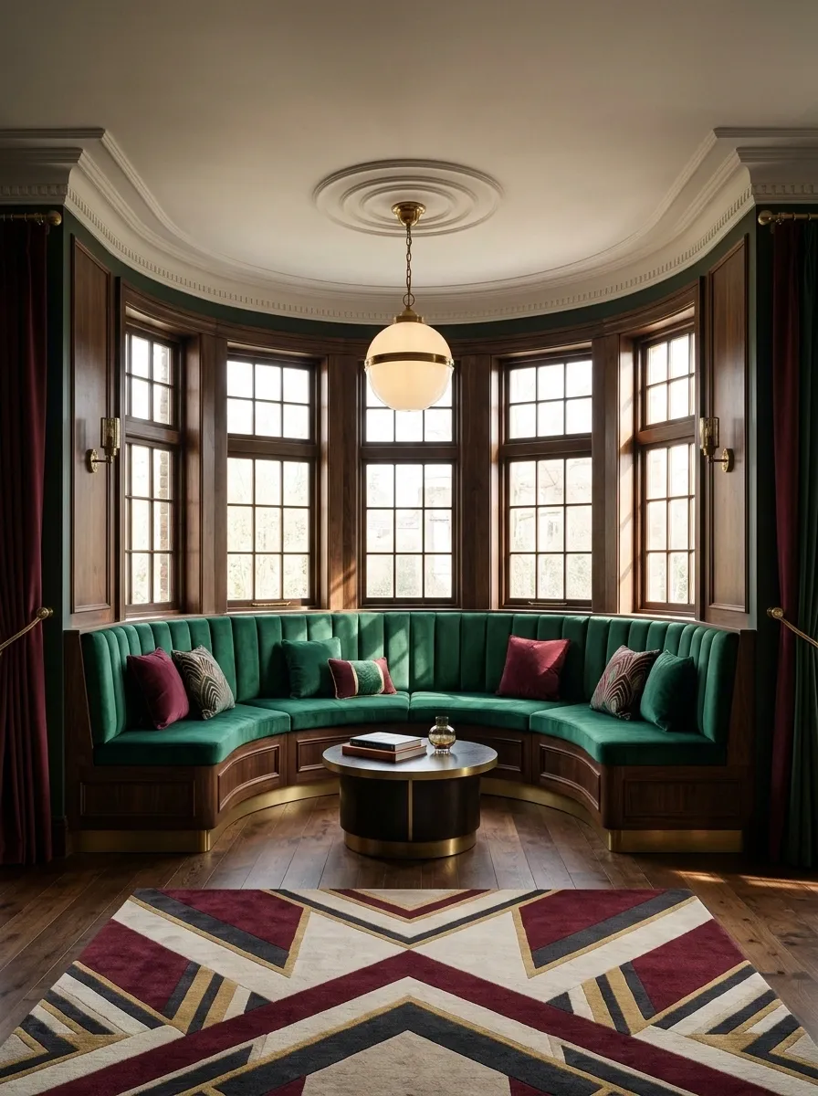 Art Deco Bay Window With a Jewel-Toned Curved Banquette