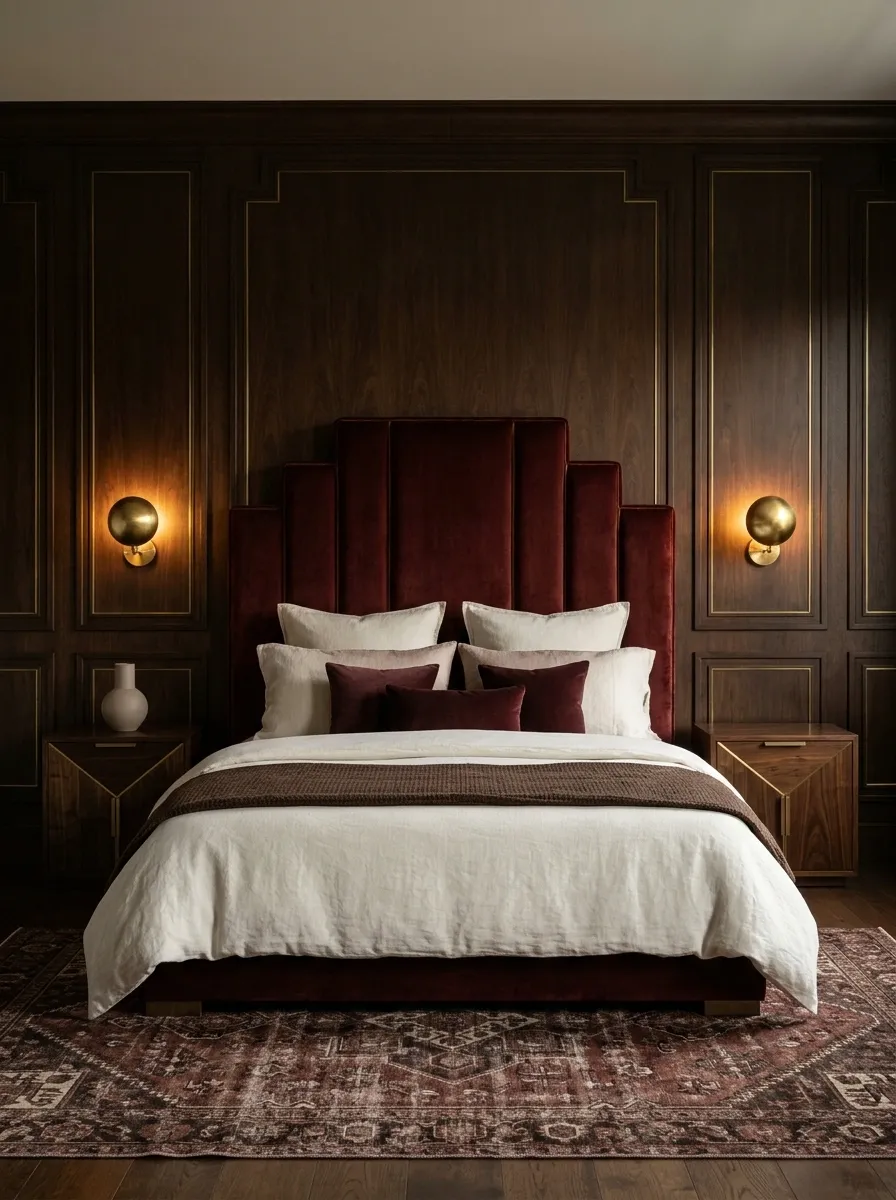 Art Deco Bedroom With Chocolate Walls and Oxblood Velvet