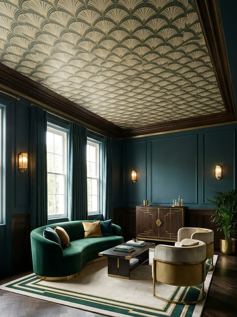 Art Deco Ceiling Geometry in a Jewel-Toned Lounge