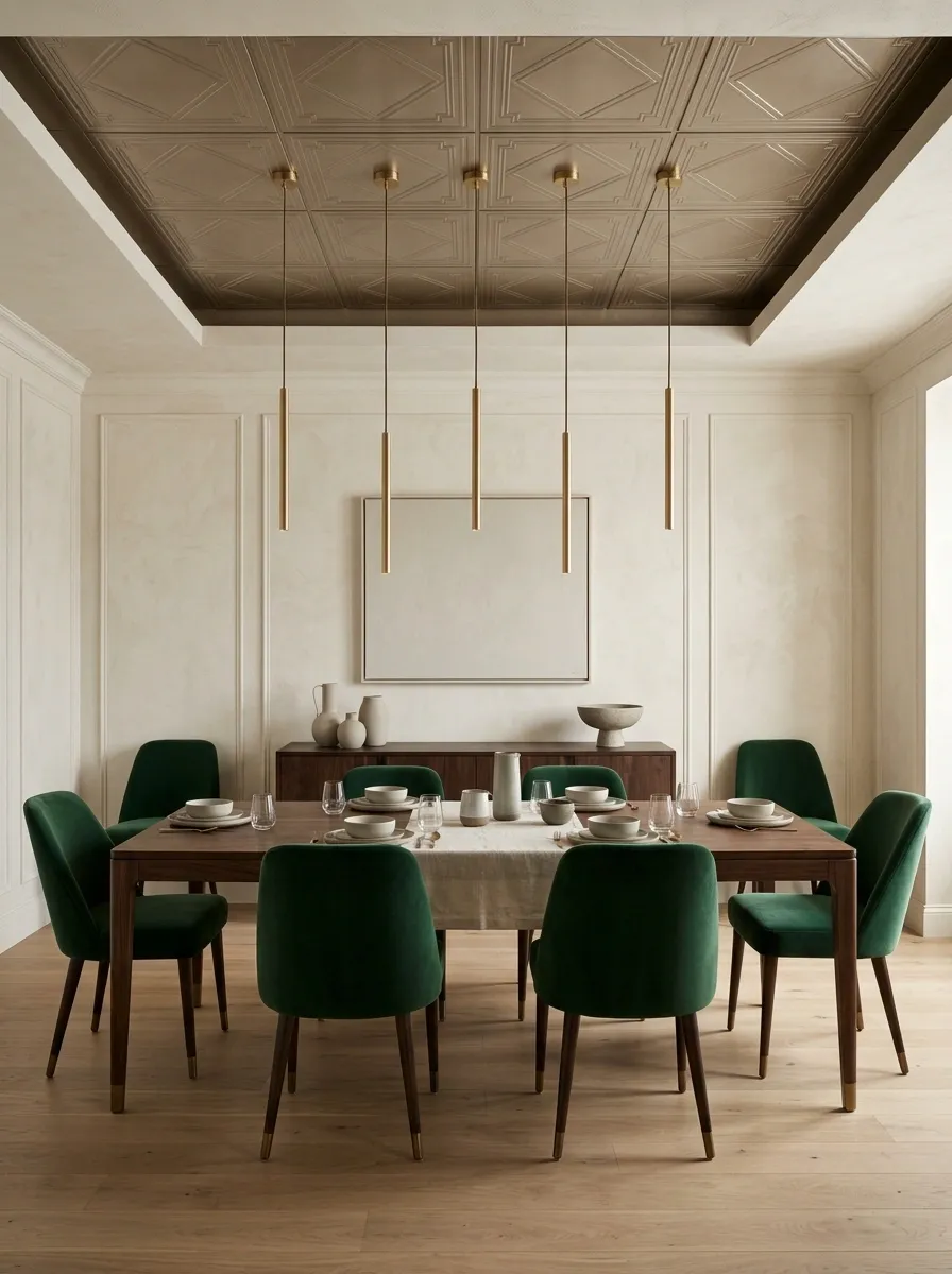 Art Deco-Inspired Dining Room With Muted Metallic Ceiling Panels