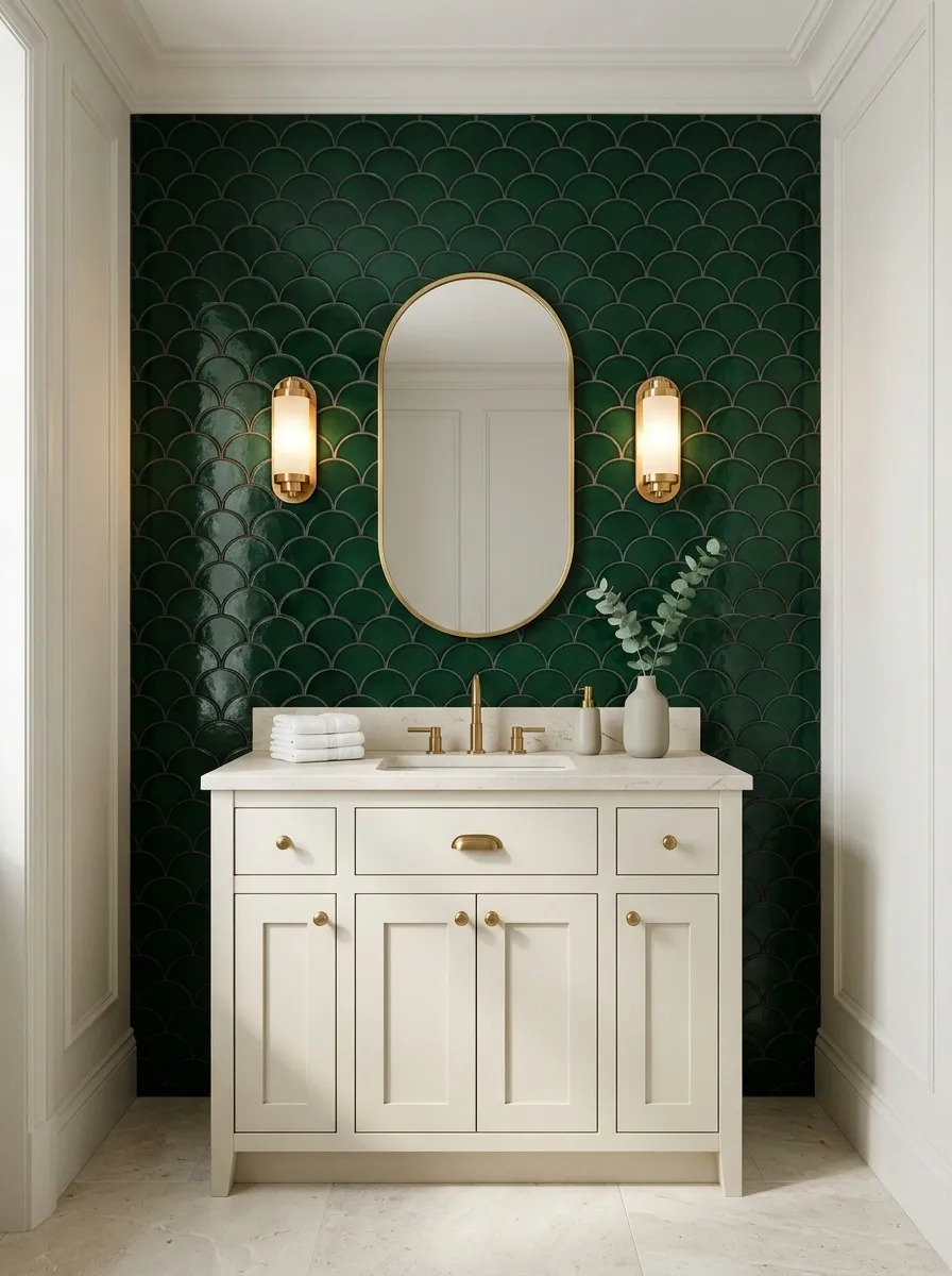 Art Deco Scalloped Tile Wall With Brass Details