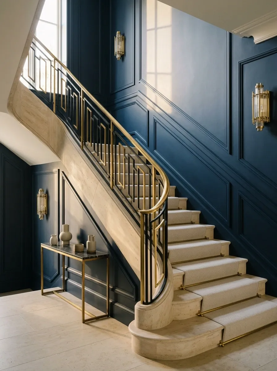 Art Deco Staircase With Stepped Geometric Paneling