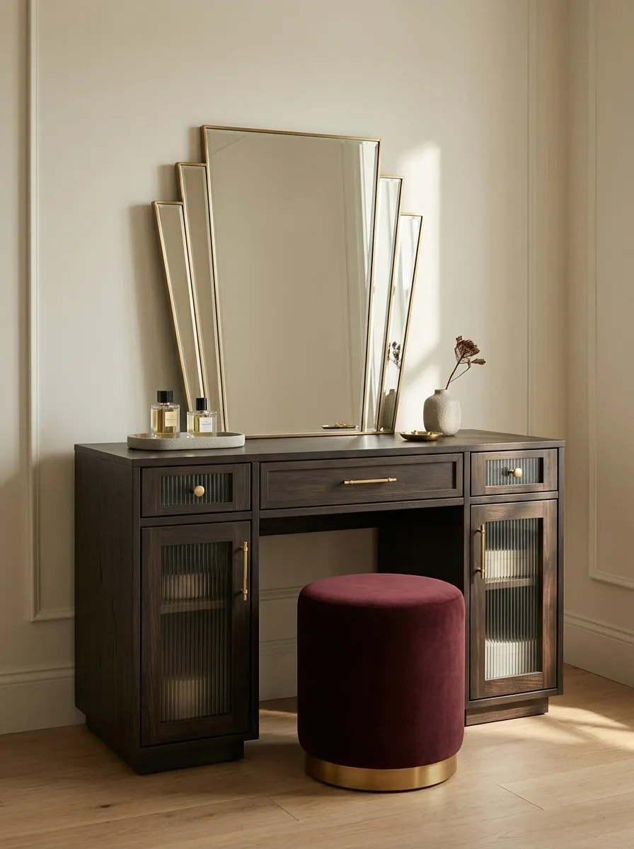 Art Deco Vanity With Fluted Glass and Deep Burgundy