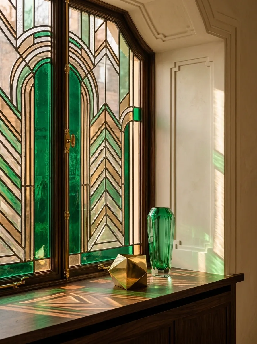 Art Deco Window With Jewel-Tone Glass and Geometric Styling