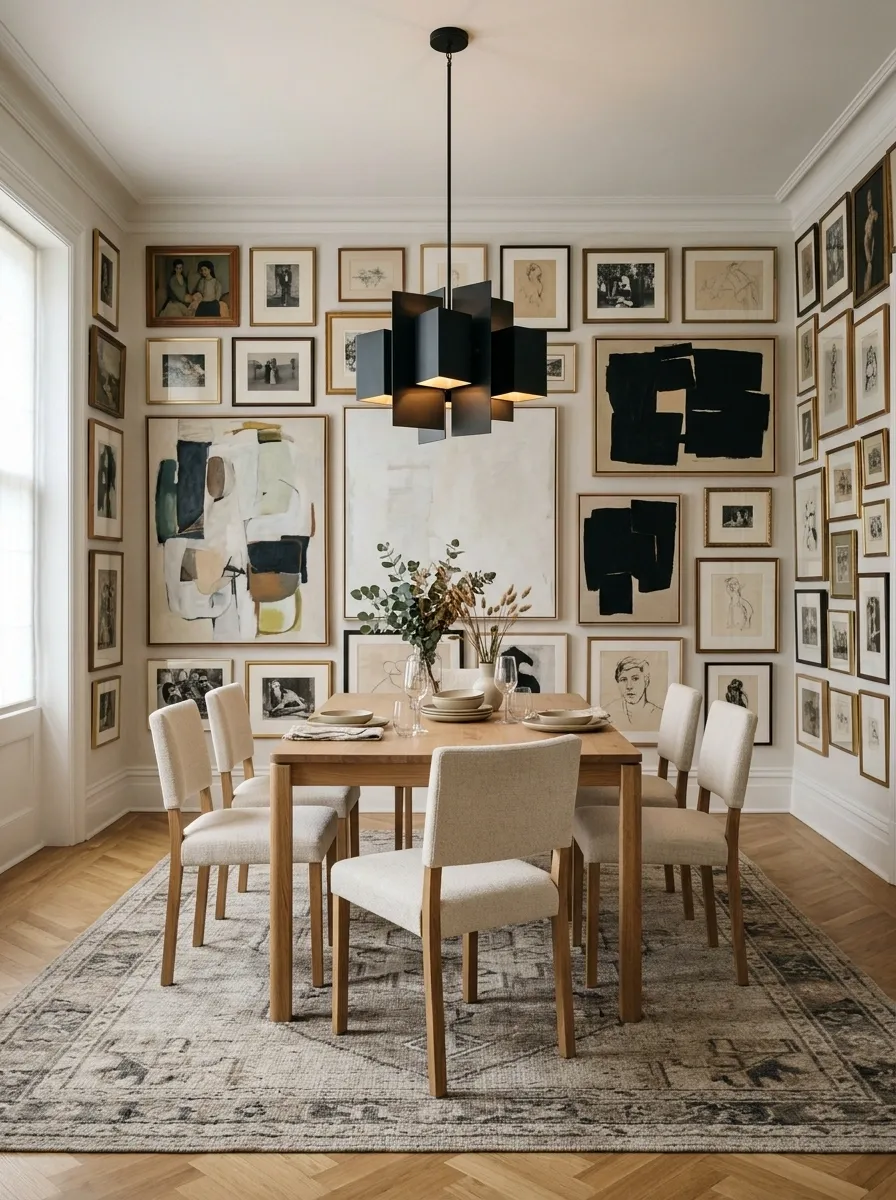 Art-Focused Eclectic Dining Room With Quiet Furniture
