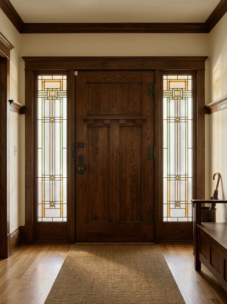 Arts and Crafts Entry With Prairie-Style Stained Glass Sidelights