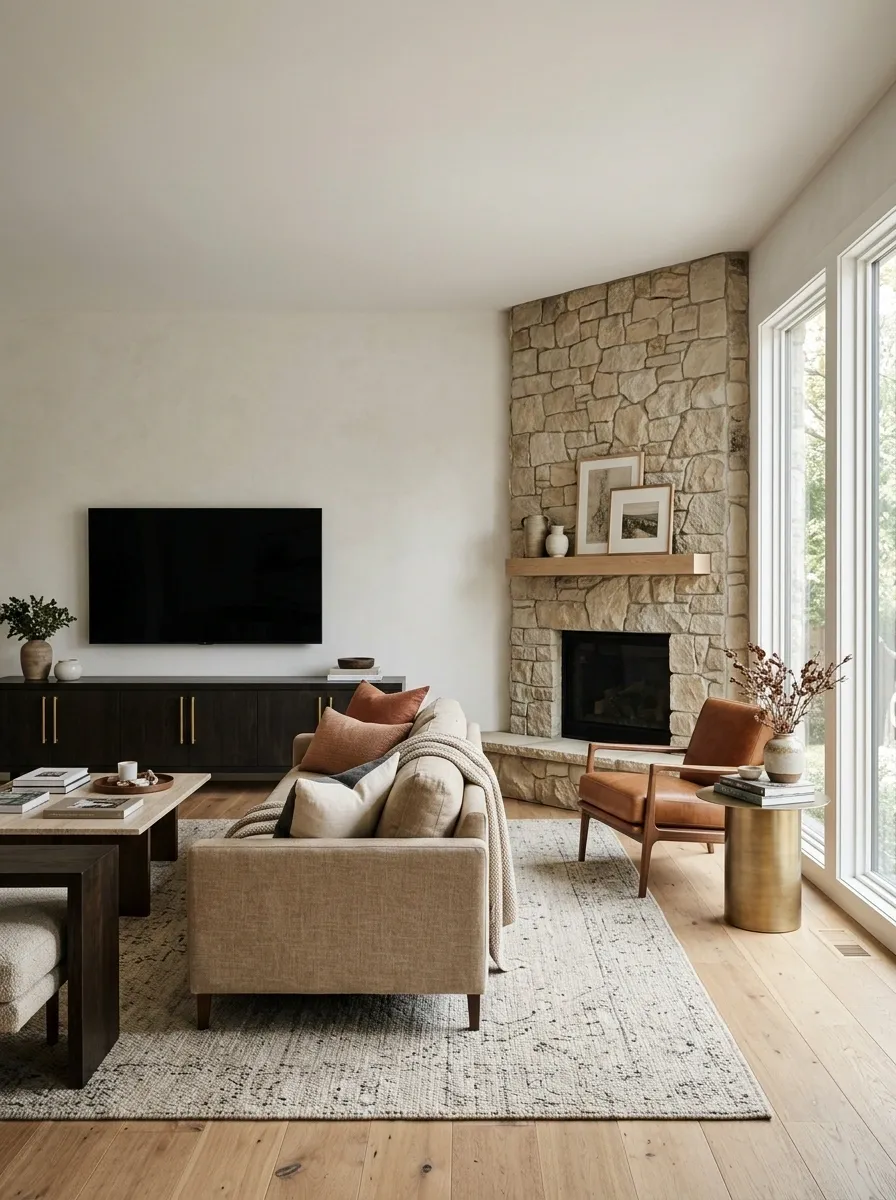 Asymmetric Living Room With a Corner Fireplace and Separate Media Wall