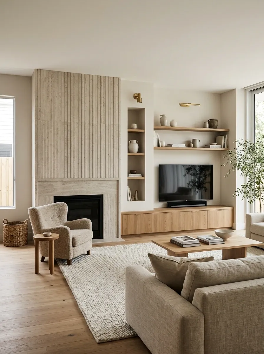 Asymmetrical Built-Ins With a TV Console and Fireplace