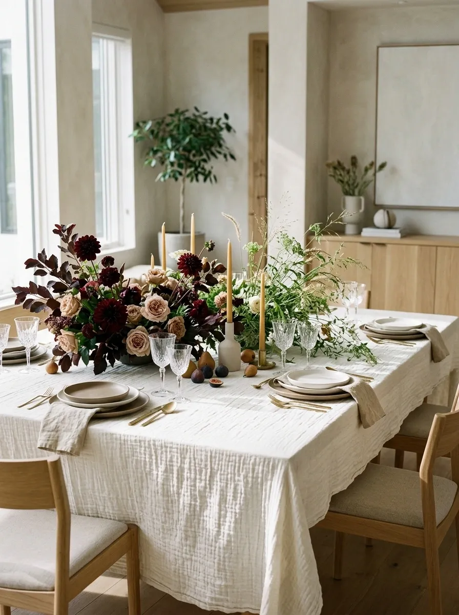 Asymmetrical Floral Tablescape With Wine-Colored Dahlias