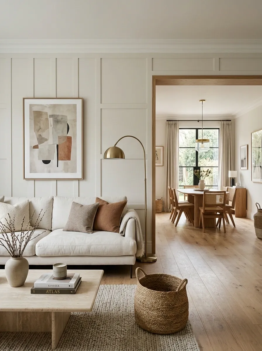Asymmetrical Wainscoting in an Open-Plan Living Room
