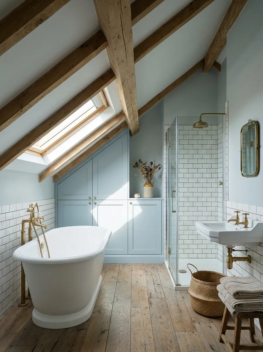 Attic Bathroom With a Slipper Tub and Low Eaves Cabinetry