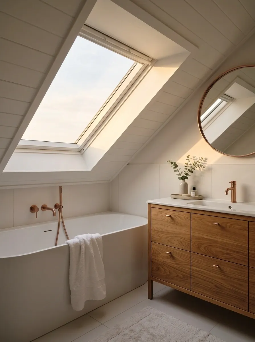 Attic Bathroom With Sloped Ceilings and Rose Gold Fittings