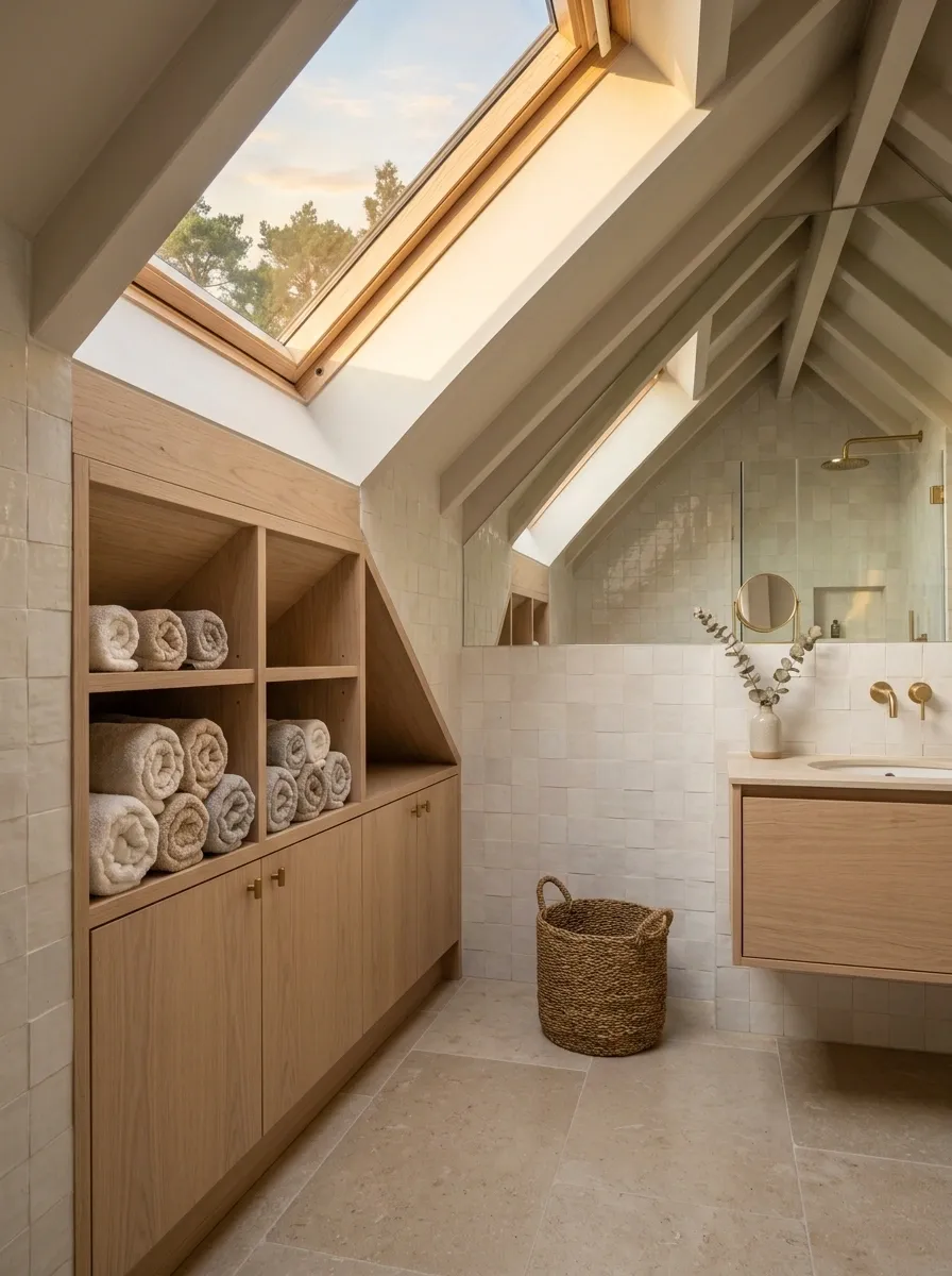 Attic Bathroom With Towel Storage Built Into the Eaves