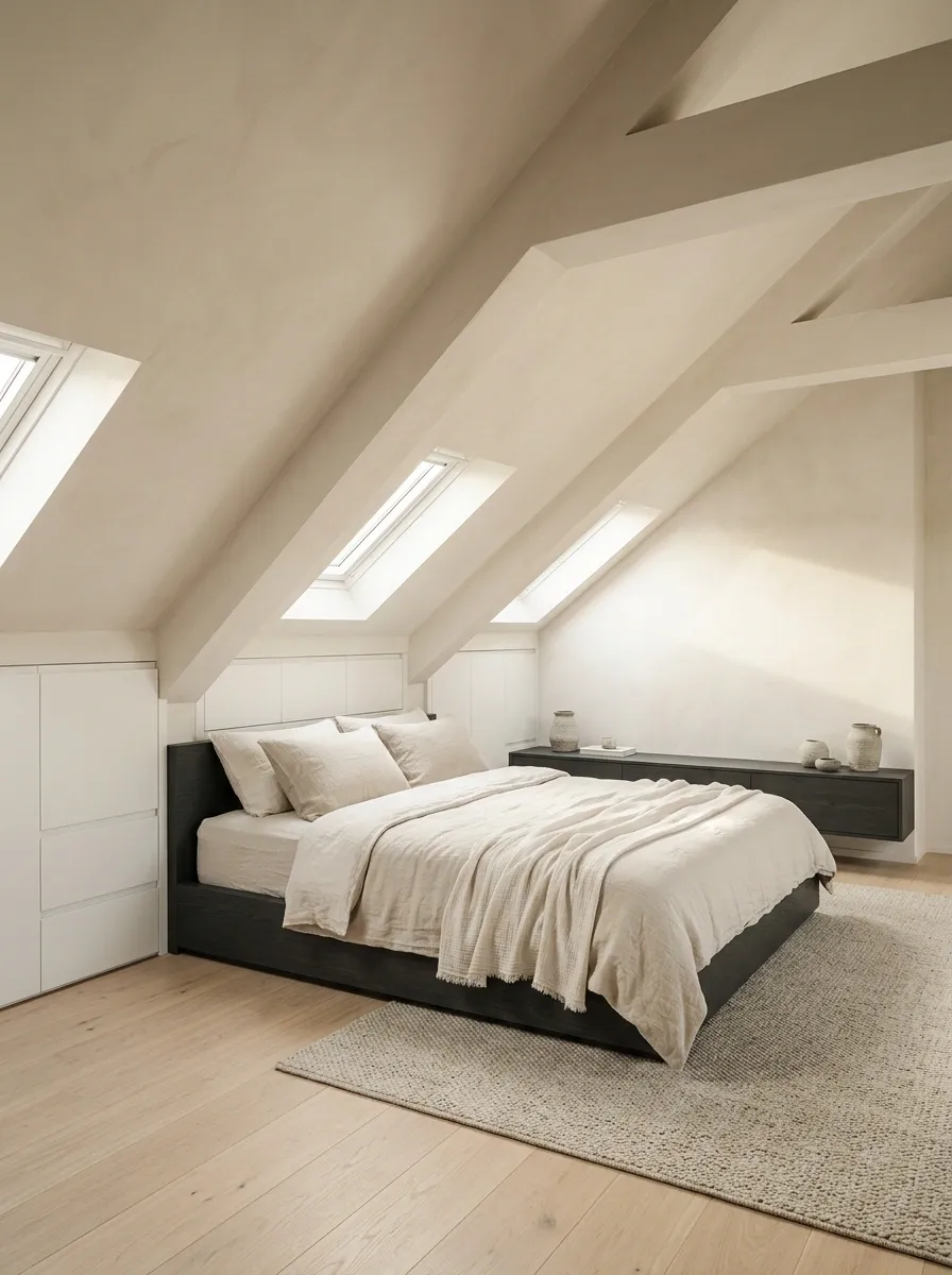 Attic Bedroom With a Low Bed Beneath the Sloping Ceiling
