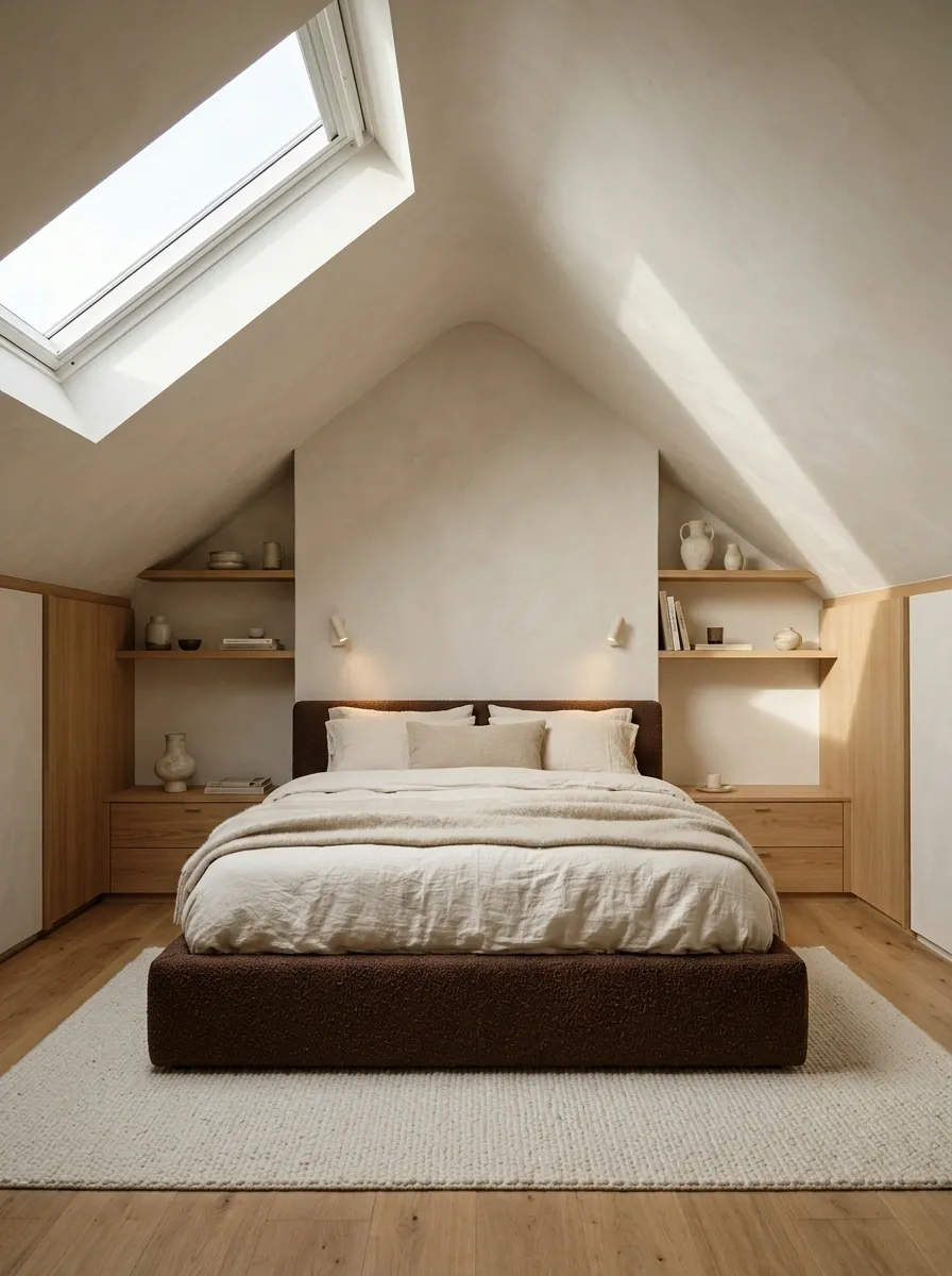 Attic Bedroom With Chocolate Upholstery and Built-In Eaves Storage