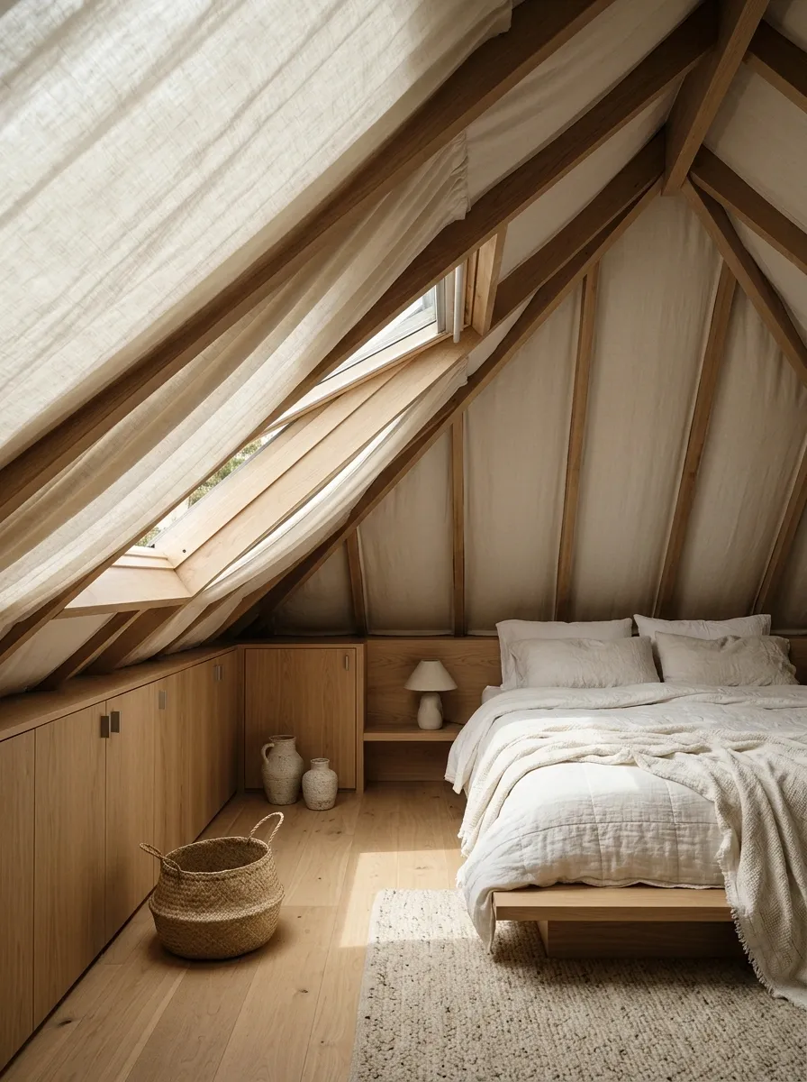 Attic Bedroom With Draped Fabric Between Roof Lines