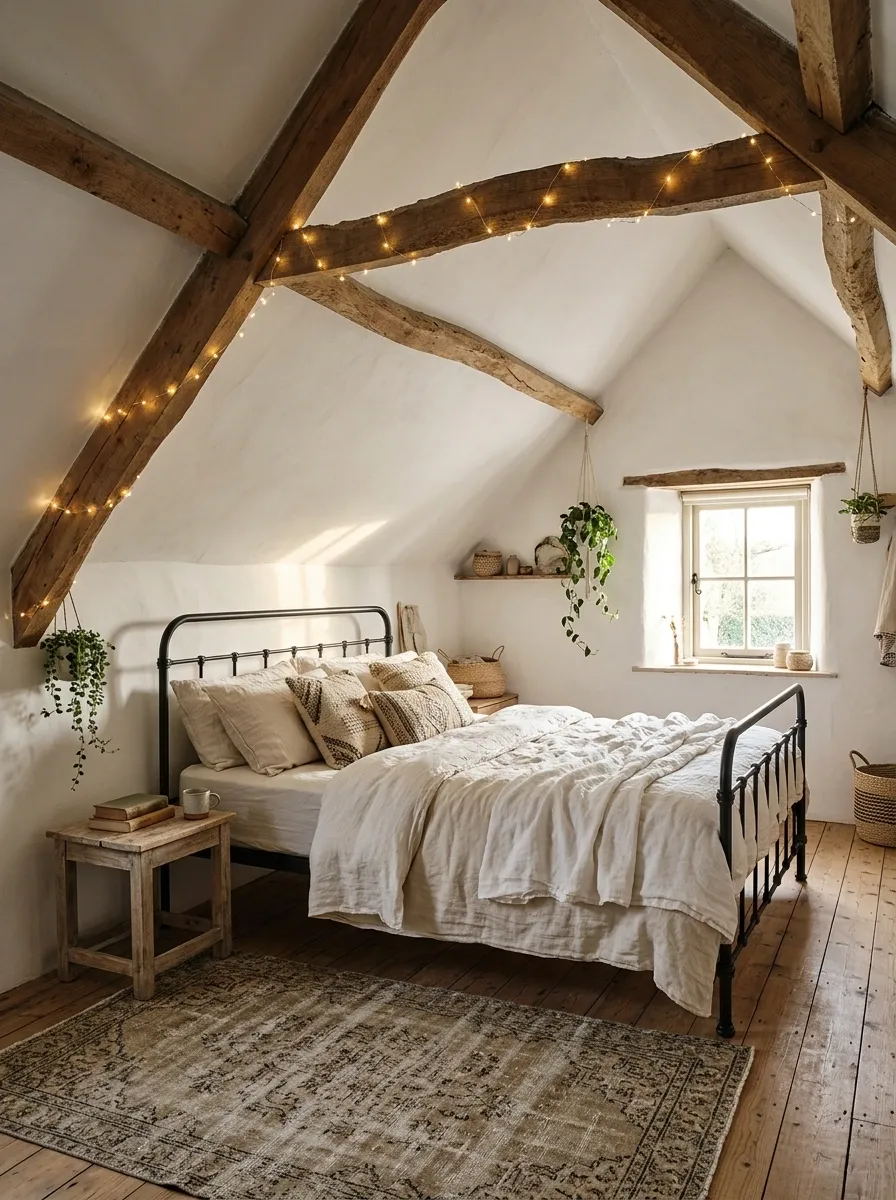 Attic Bedroom With Exposed Beams and Tiny Lights